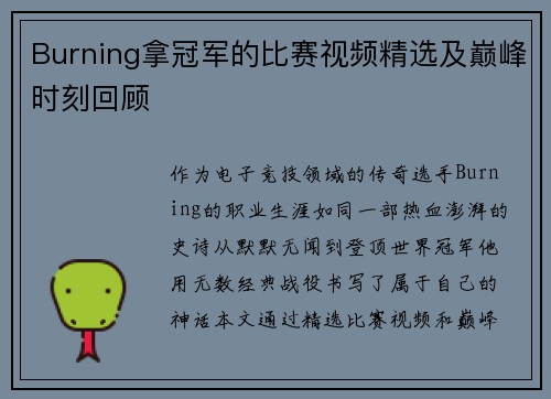 Burning拿冠军的比赛视频精选及巅峰时刻回顾